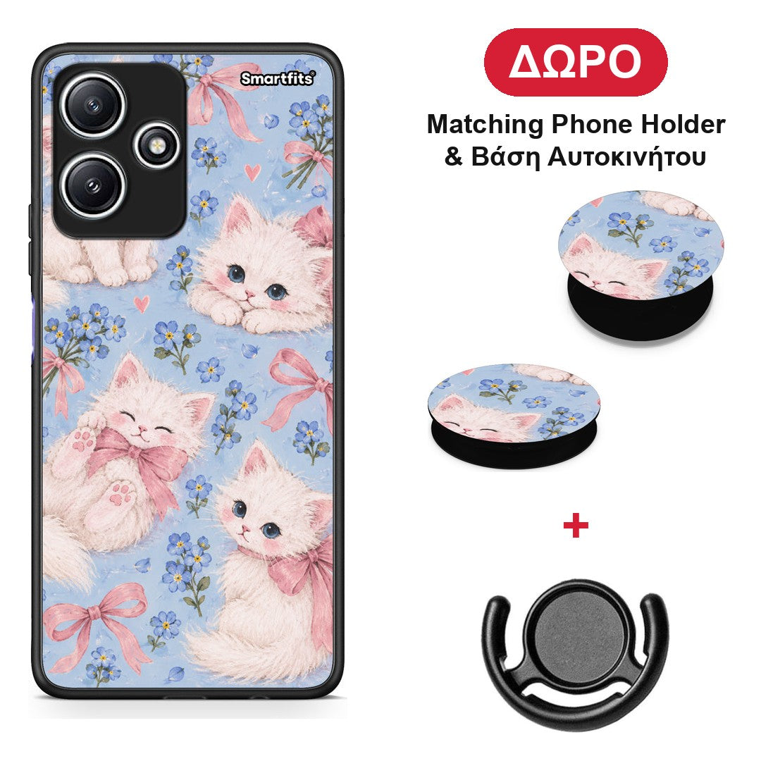 White Kittens and Blue Flowers Large - Xiaomi Redmi 12 5G θήκη + Δώρο Phone Holder & Βάση Αυτοκινήτου