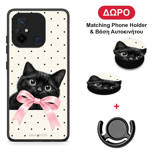Black Kitten Pink Bow and Polka Dots - Xiaomi Redmi 12C θήκη + Δώρο Phone Holder & Βάση Αυτοκινήτου