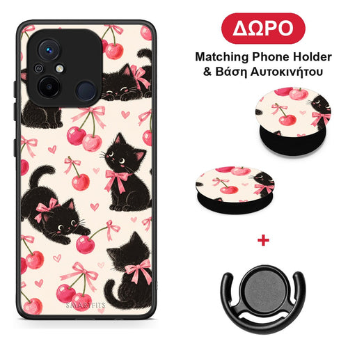 Black Kittens and Cherries on Cream - Xiaomi Redmi 12C θήκη + Δώρο Phone Holder & Βάση Αυτοκινήτου