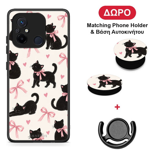 Black Kittens and Pink Bows on Cream Large - Xiaomi Redmi 12C θήκη + Δώρο Phone Holder & Βάση Αυτοκινήτου