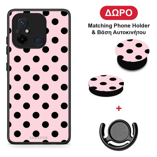 Black Polka Dots on Pink - Xiaomi Redmi 12C θήκη + Δώρο Phone Holder & Βάση Αυτοκινήτου