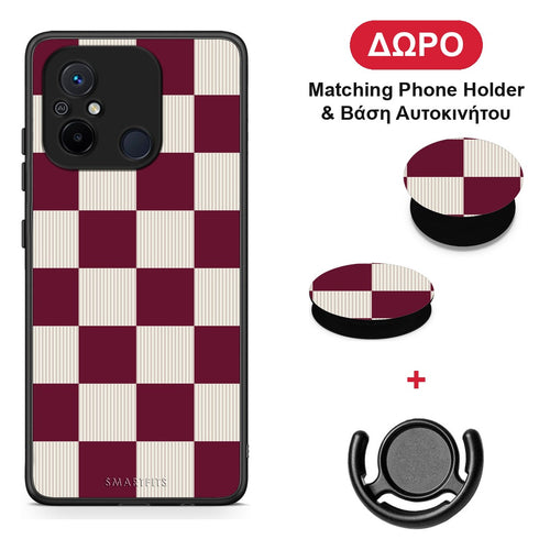 Burgundy and Cream Striped Checks - Xiaomi Redmi 12C θήκη + Δώρο Phone Holder & Βάση Αυτοκινήτου