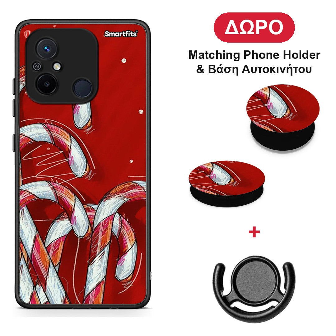 Candy Cane - Xiaomi Redmi 12C θήκη + Δώρο Phone Holder & Βάση Αυτοκινήτου