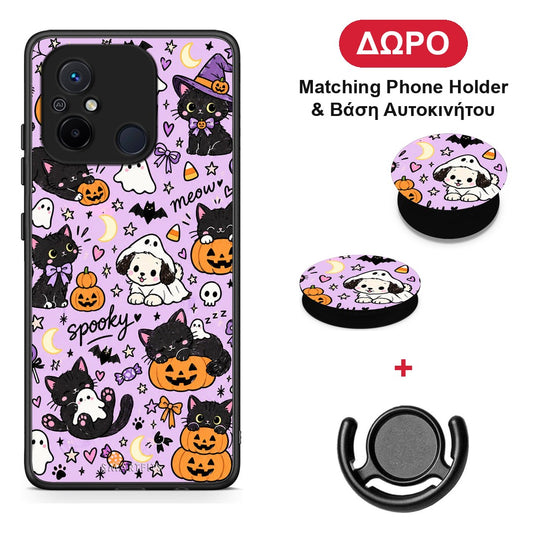 Halloween Black Cats on Lilac - Xiaomi Redmi 12C θήκη + Δώρο Phone Holder & Βάση Αυτοκινήτου