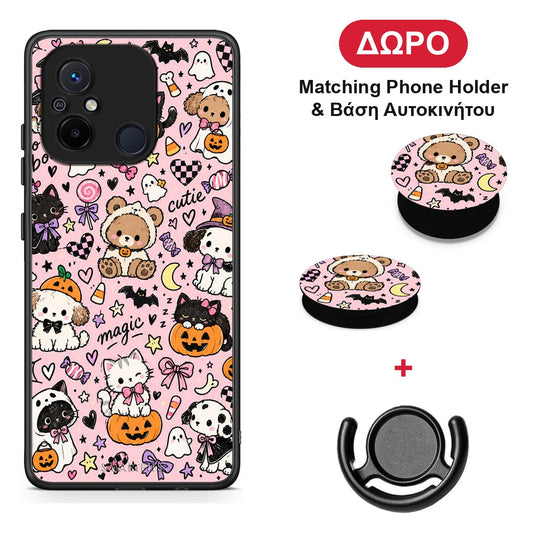 Halloween Cute Animals on Pink - Xiaomi Redmi 12C θήκη + Δώρο Phone Holder & Βάση Αυτοκινήτου