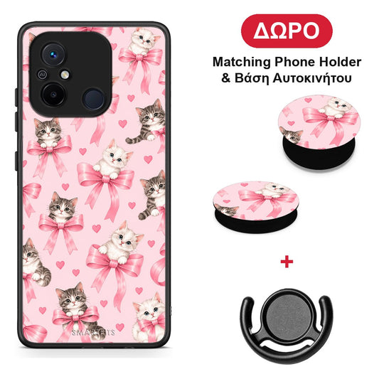 Kittens and Pink Bows on Pink - Xiaomi Redmi 12C θήκη + Δώρο Phone Holder & Βάση Αυτοκινήτου