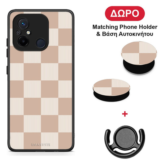 Latte and Cream Striped Checks - Xiaomi Redmi 12C θήκη + Δώρο Phone Holder & Βάση Αυτοκινήτου