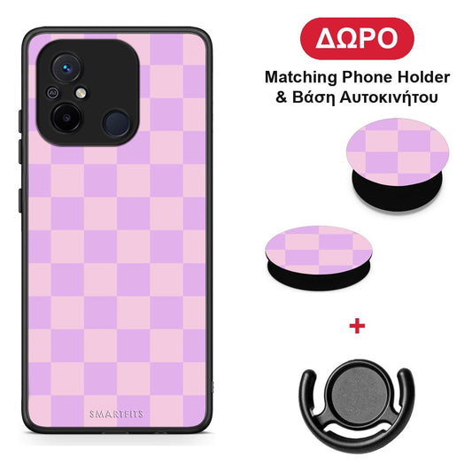 Lavender and Pink Checkerboard - Xiaomi Redmi 12C θήκη + Δώρο Phone Holder & Βάση Αυτοκινήτου