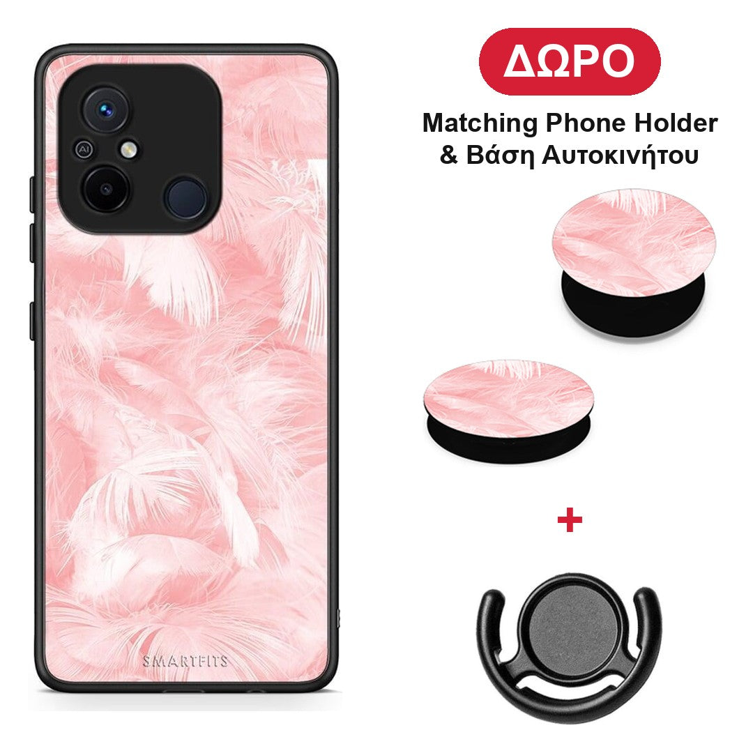 Boho Pink Feather - Xiaomi Redmi 12C θήκη + Δώρο Phone Holder & Βάση Αυτοκινήτου