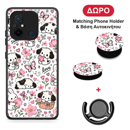 Pink Florals Puppies and Bunnies on White - Xiaomi Redmi 12C θήκη + Δώρο Phone Holder & Βάση Αυτοκινήτου