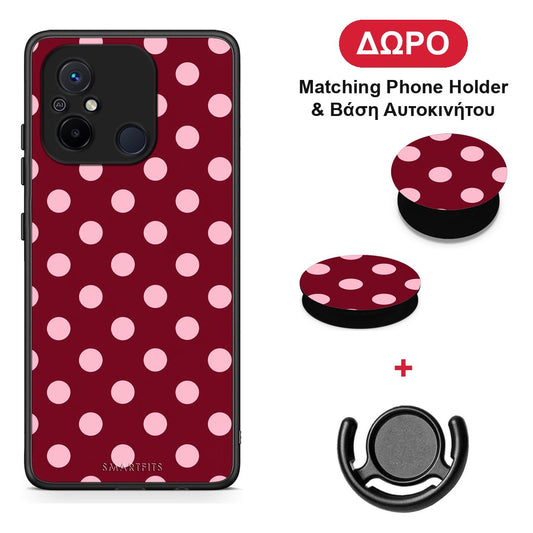Pink Polka Dots on Burgundy - Xiaomi Redmi 12C θήκη + Δώρο Phone Holder & Βάση Αυτοκινήτου