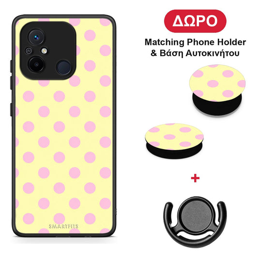 Pink Polka Dots on Yellow - Xiaomi Redmi 12C θήκη + Δώρο Phone Holder & Βάση Αυτοκινήτου