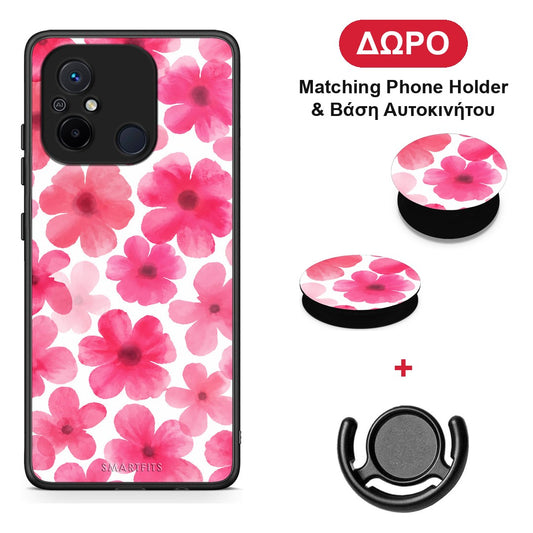 Pink Watercolour Flowers on White - Xiaomi Redmi 12C θήκη + Δώρο Phone Holder & Βάση Αυτοκινήτου