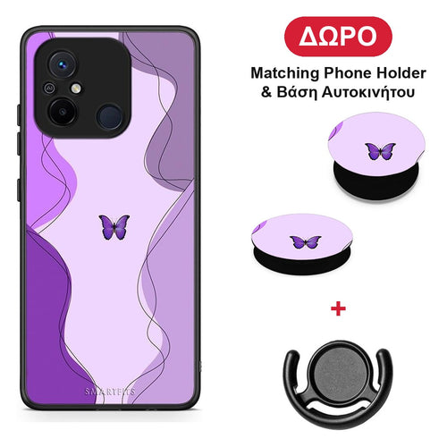 Purple Mariposa - Xiaomi Redmi 12C θήκη + Δώρο Phone Holder & Βάση Αυτοκινήτου