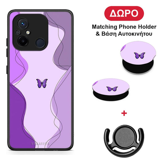 Purple Mariposa - Xiaomi Redmi 12C θήκη + Δώρο Phone Holder & Βάση Αυτοκινήτου