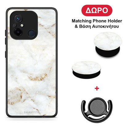 White Gold Marble - Xiaomi Redmi 12C θήκη + Δώρο Phone Holder & Βάση Αυτοκινήτου