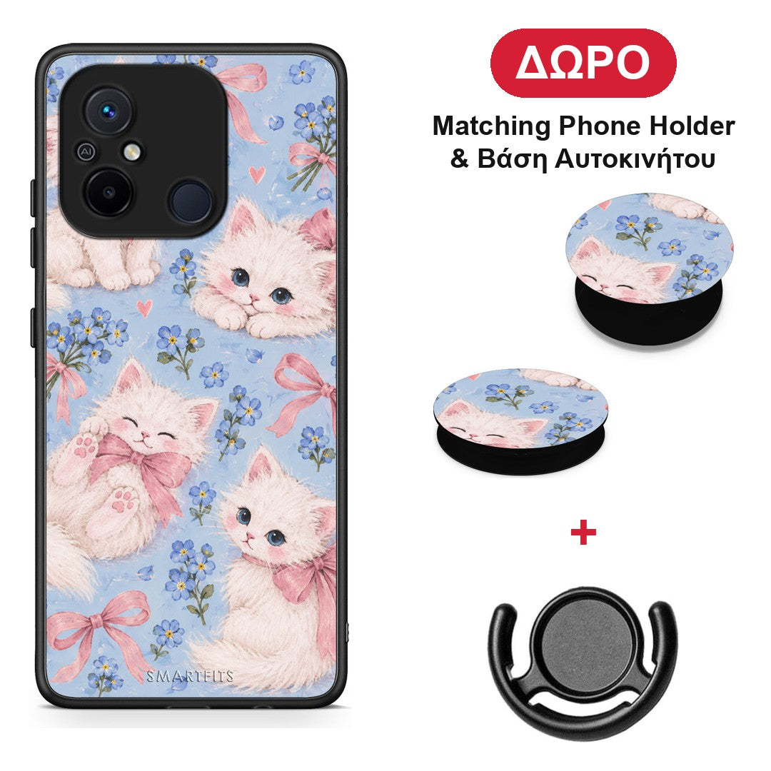 White Kittens and Blue Flowers Large - Xiaomi Redmi 12C θήκη + Δώρο Phone Holder & Βάση Αυτοκινήτου