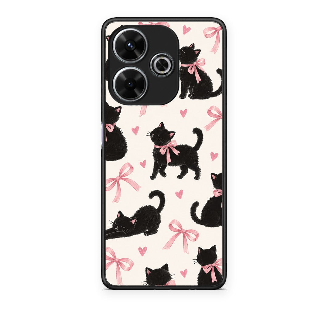 Θήκη Xiaomi Redmi 13 Black Kittens and Pink Bows on Cream Large από τη Smartfits με σχέδιο στο πίσω μέρος και μαύρο περίβλημα | Xiaomi Redmi 13 Black Kittens and Pink Bows on Cream Large case with colorful back and black bezels