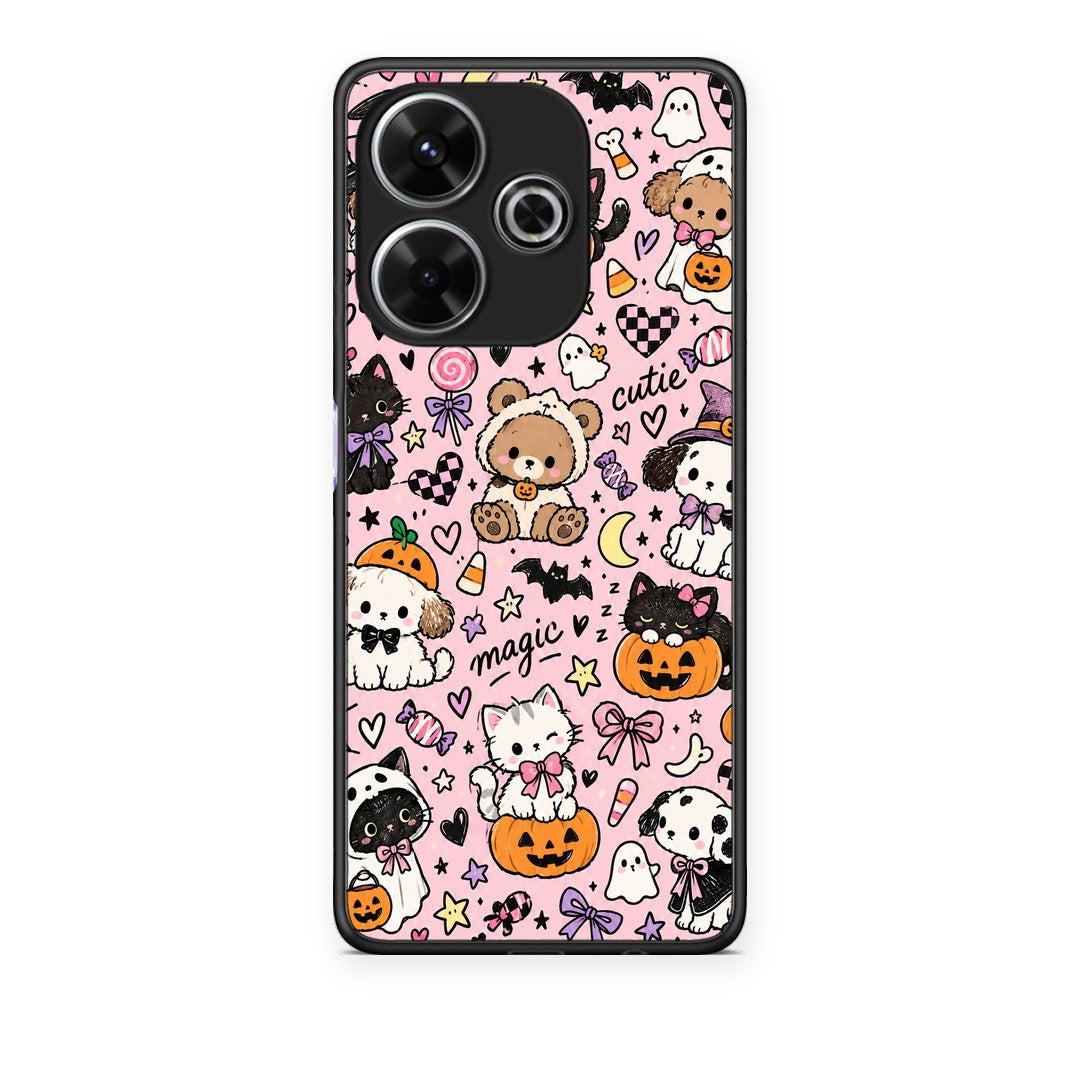 Θήκη Xiaomi Redmi 13 Halloween Cute Animals on Pink από τη Smartfits με σχέδιο στο πίσω μέρος και μαύρο περίβλημα | Xiaomi Redmi 13 Halloween Cute Animals on Pink case with colorful back and black bezels