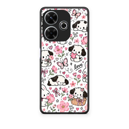 Θήκη Xiaomi Redmi 13 Pink Florals Puppies and Bunnies on White από τη Smartfits με σχέδιο στο πίσω μέρος και μαύρο περίβλημα | Xiaomi Redmi 13 Pink Florals Puppies and Bunnies on White case with colorful back and black bezels