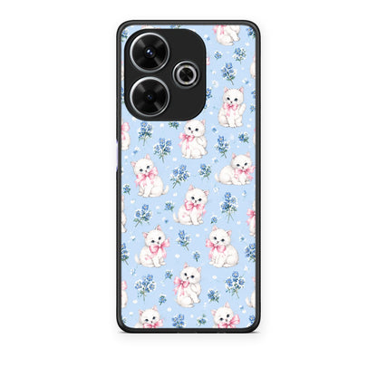 Θήκη Xiaomi Redmi 13 White Kittens and Blue Flowers Small από τη Smartfits με σχέδιο στο πίσω μέρος και μαύρο περίβλημα | Xiaomi Redmi 13 White Kittens and Blue Flowers Small case with colorful back and black bezels