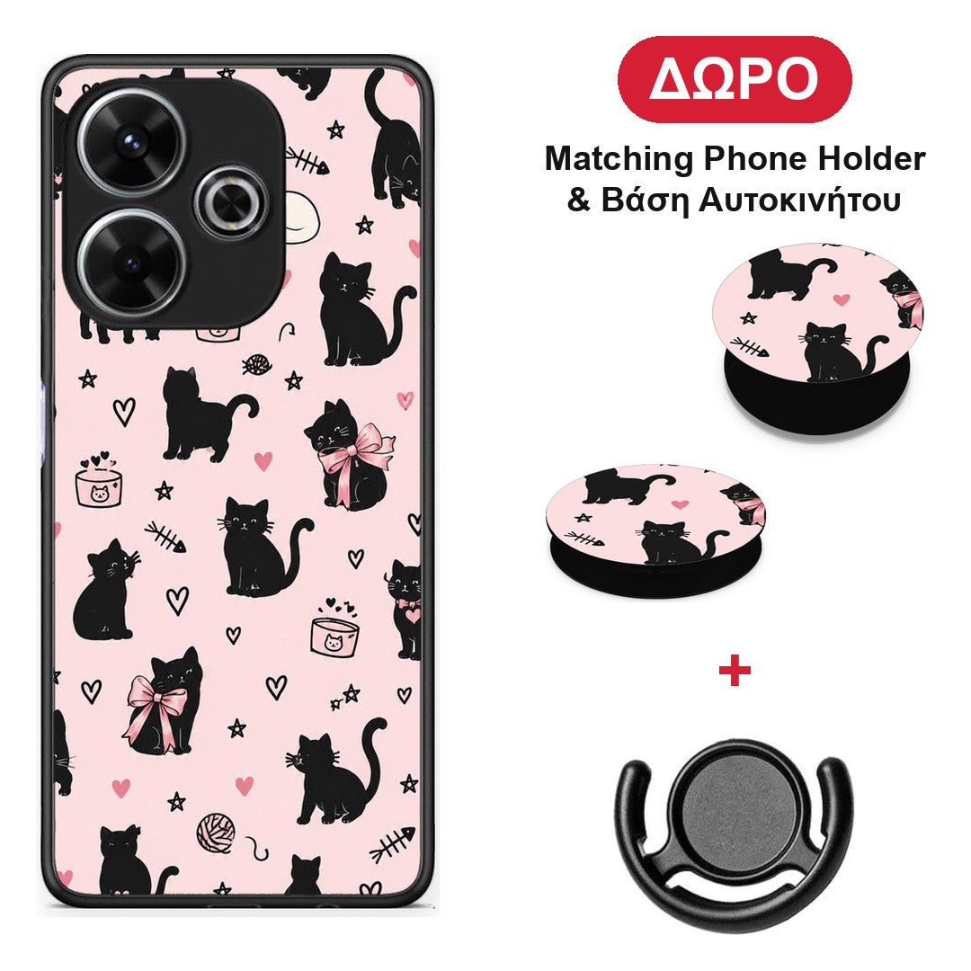 Black Cat Doodles on Pink - Xiaomi Redmi 13 θήκη + Δώρο Phone Holder & Βάση Αυτοκινήτου