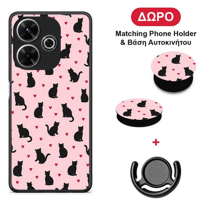 Black Cat Silhouettes and Hearts on Pink - Xiaomi Redmi 13 θήκη + Δώρο Phone Holder & Βάση Αυτοκινήτου