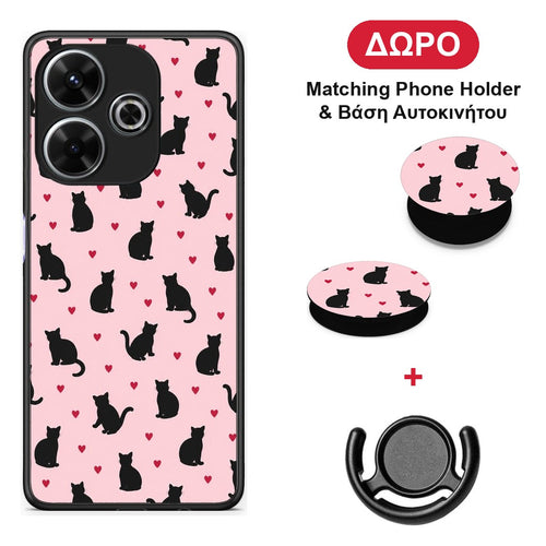 Black Cat Silhouettes and Hearts on Pink - Xiaomi Redmi 13 θήκη + Δώρο Phone Holder & Βάση Αυτοκινήτου