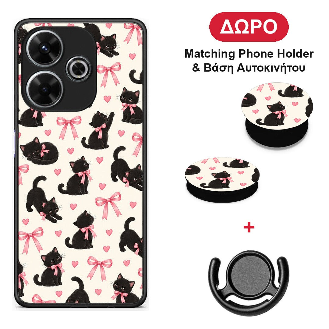 Black Kittens and Pink Bows on Cream Small - Xiaomi Redmi 13 θήκη + Δώρο Phone Holder & Βάση Αυτοκινήτου