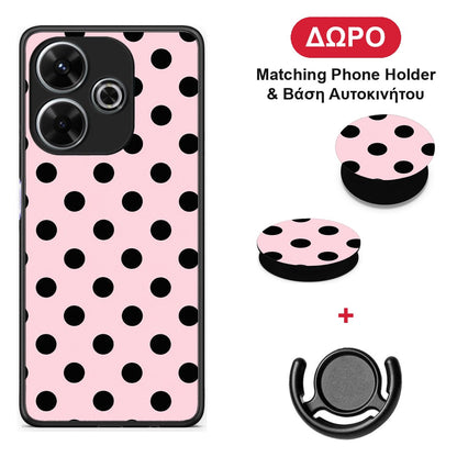 Black Polka Dots on Pink - Xiaomi Redmi 13 θήκη + Δώρο Phone Holder & Βάση Αυτοκινήτου