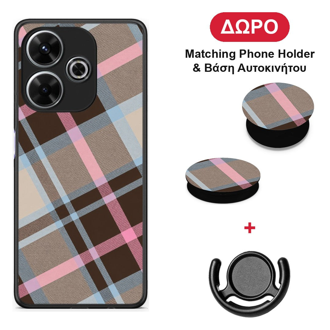 Brown Pink and Blue Diagonal Plaid - Xiaomi Redmi 13 θήκη + Δώρο Phone Holder & Βάση Αυτοκινήτου