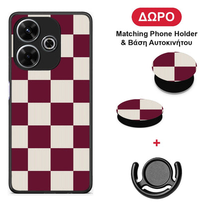 Burgundy and Cream Striped Checks - Xiaomi Redmi 13 θήκη + Δώρο Phone Holder & Βάση Αυτοκινήτου