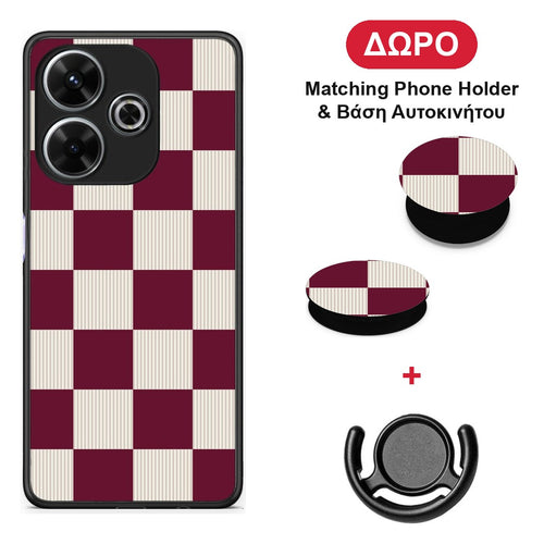 Burgundy and Cream Striped Checks - Xiaomi Redmi 13 θήκη + Δώρο Phone Holder & Βάση Αυτοκινήτου