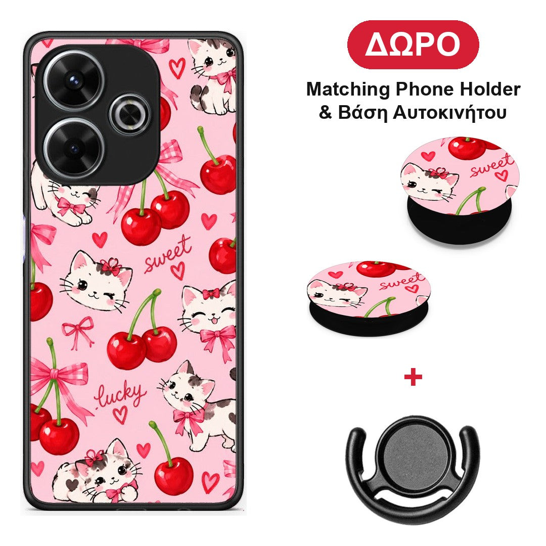 Cherries Bows and Kittens on Pink - Xiaomi Redmi 13 θήκη + Δώρο Phone Holder & Βάση Αυτοκινήτου