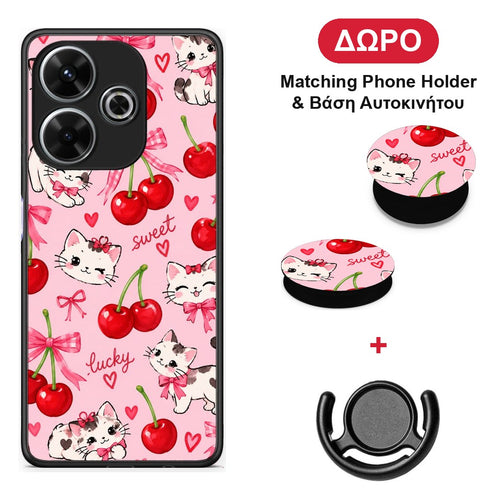 Cherries Bows and Kittens on Pink - Xiaomi Redmi 13 θήκη + Δώρο Phone Holder & Βάση Αυτοκινήτου