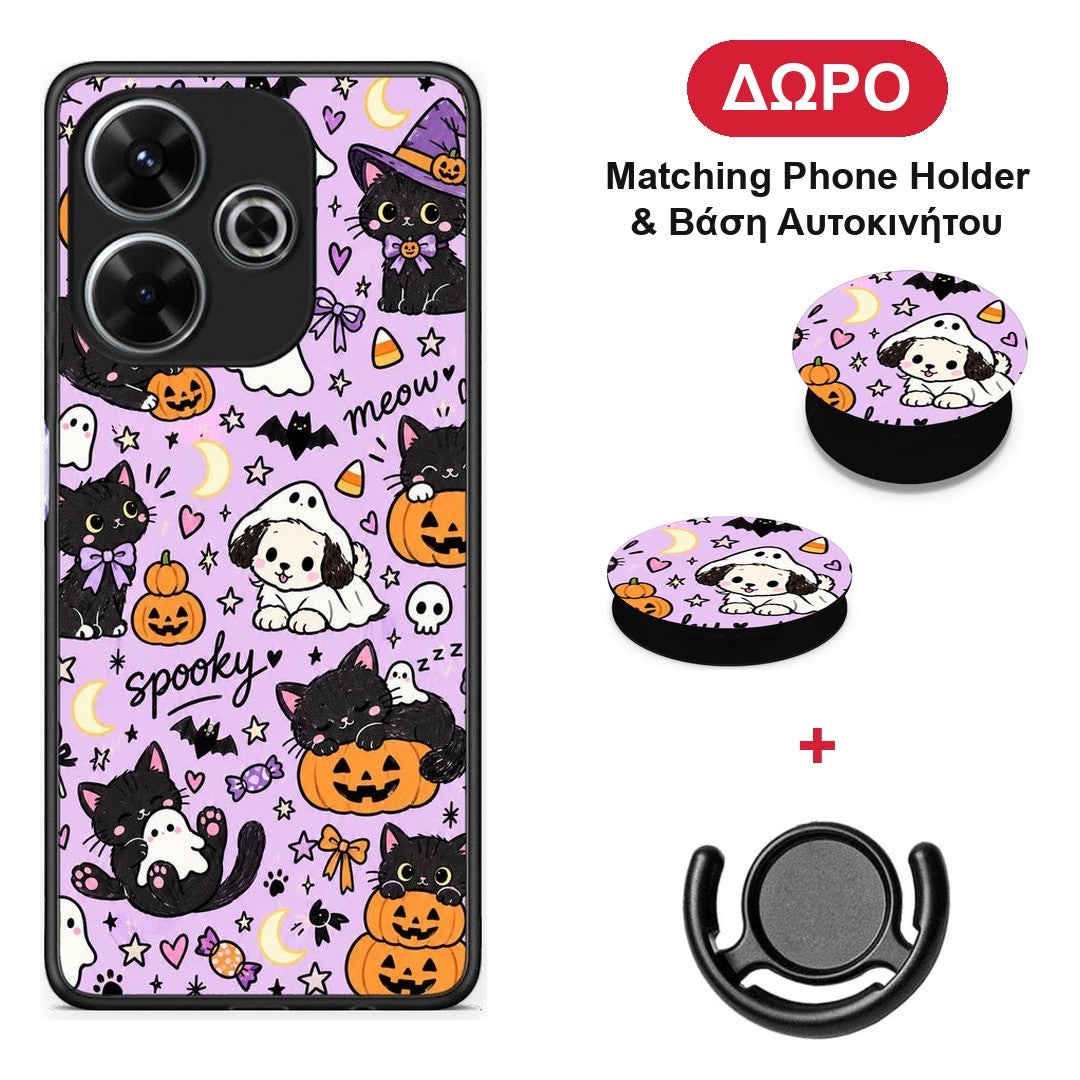 Halloween Black Cats on Lilac - Xiaomi Redmi 13 θήκη + Δώρο Phone Holder & Βάση Αυτοκινήτου