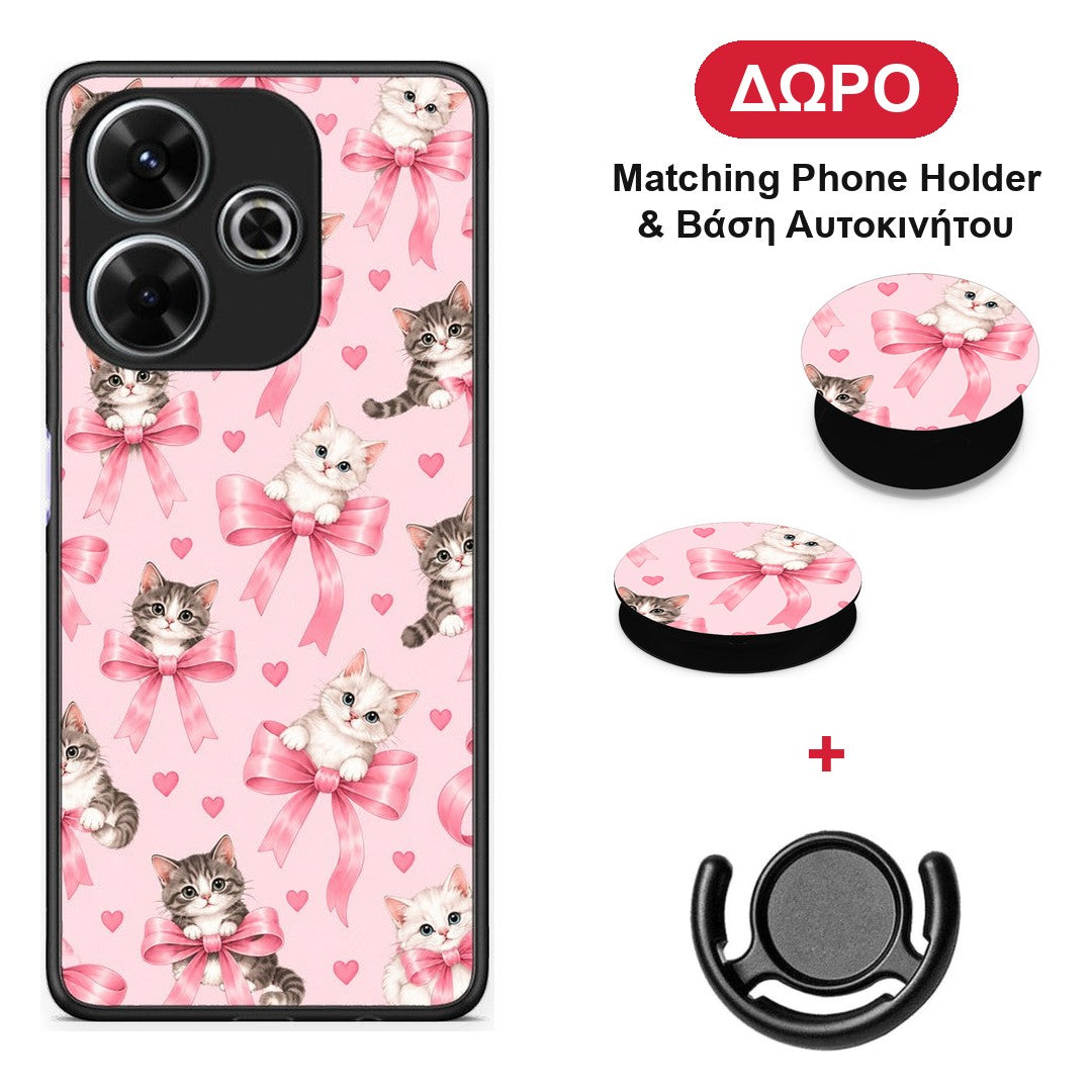 Kittens and Pink Bows on Pink - Xiaomi Redmi 13 θήκη + Δώρο Phone Holder & Βάση Αυτοκινήτου