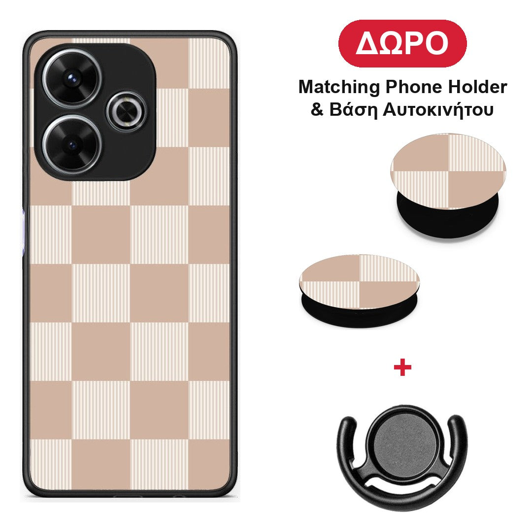 Latte and Cream Striped Checks - Xiaomi Redmi 13 θήκη + Δώρο Phone Holder & Βάση Αυτοκινήτου