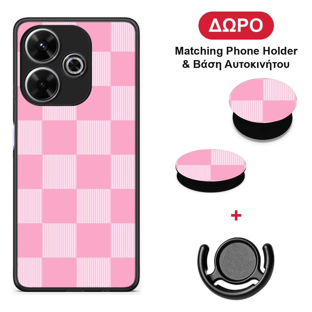 Pink and White Striped Checks - Xiaomi Redmi 13 θήκη + Δώρο Phone Holder & Βάση Αυτοκινήτου