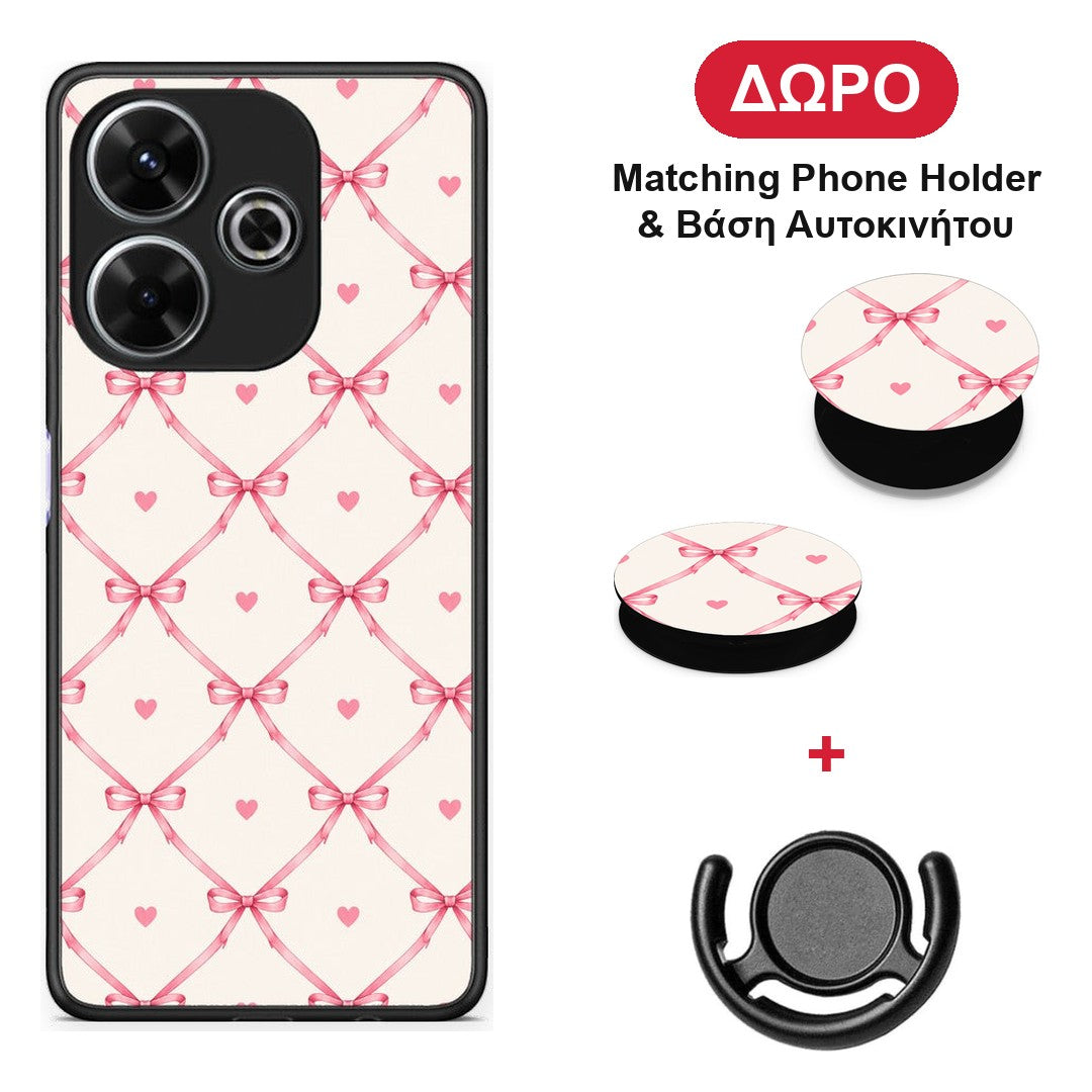 Pink Bow Lattice and Hearts on Cream - Xiaomi Redmi 13 θήκη + Δώρο Phone Holder & Βάση Αυτοκινήτου