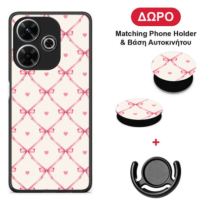 Pink Bow Lattice and Hearts on Cream - Xiaomi Redmi 13 θήκη + Δώρο Phone Holder & Βάση Αυτοκινήτου