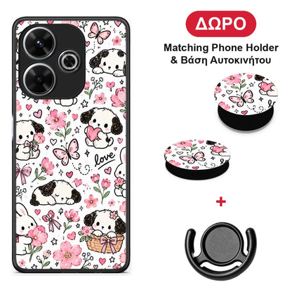 Pink Florals Puppies and Bunnies on White - Xiaomi Redmi 13 θήκη + Δώρο Phone Holder & Βάση Αυτοκινήτου