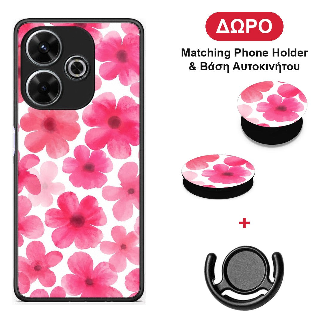 Pink Watercolour Flowers on White - Xiaomi Redmi 13 θήκη + Δώρο Phone Holder & Βάση Αυτοκινήτου