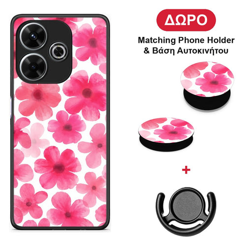 Pink Watercolour Flowers on White - Xiaomi Redmi 13 θήκη + Δώρο Phone Holder & Βάση Αυτοκινήτου