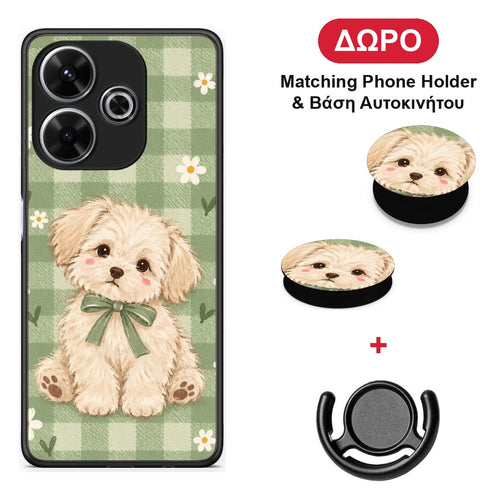 Puppy and Daisies on Sage Gingham - Xiaomi Redmi 13 θήκη + Δώρο Phone Holder & Βάση Αυτοκινήτου