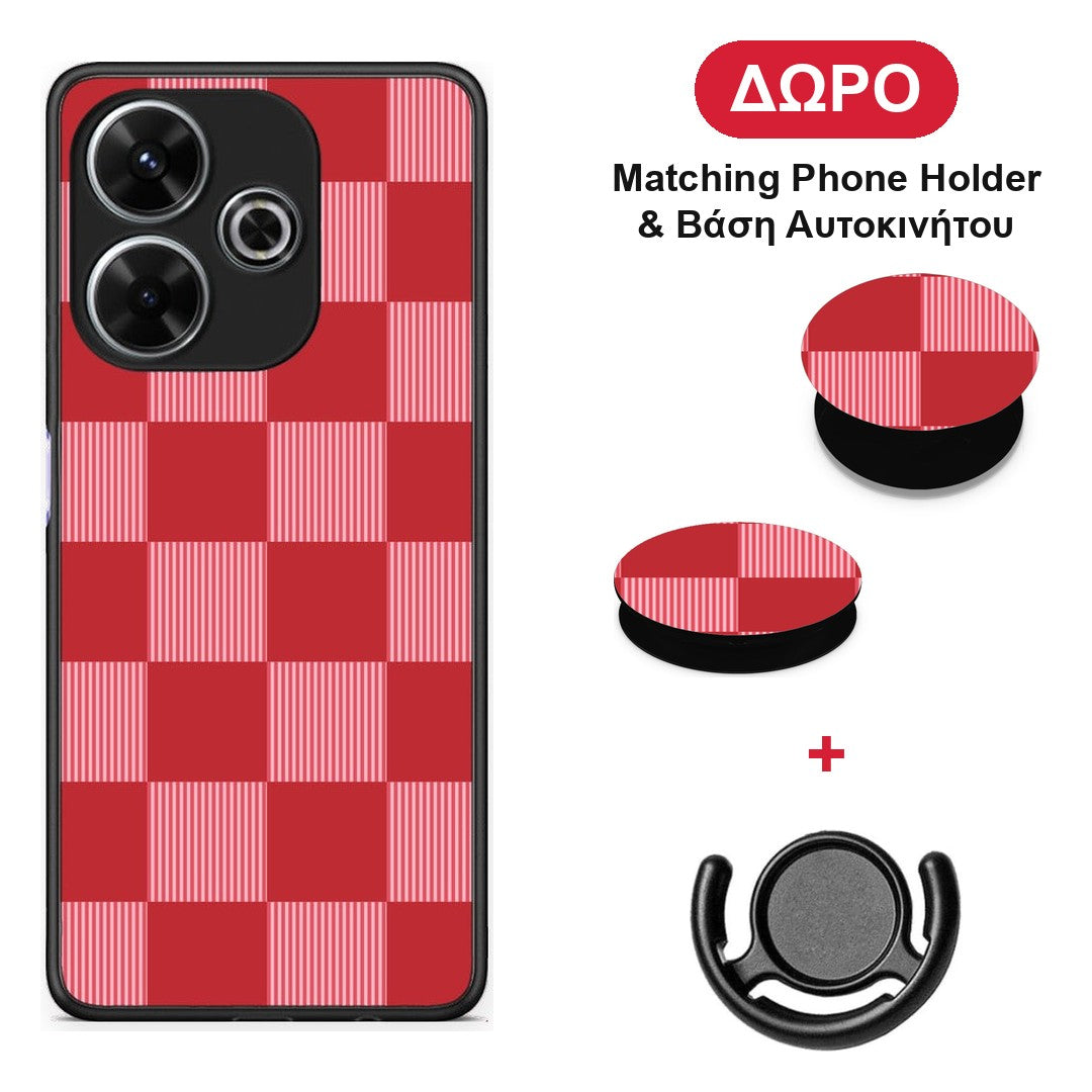 Red and Pink Striped Checks - Xiaomi Redmi 13 θήκη + Δώρο Phone Holder & Βάση Αυτοκινήτου