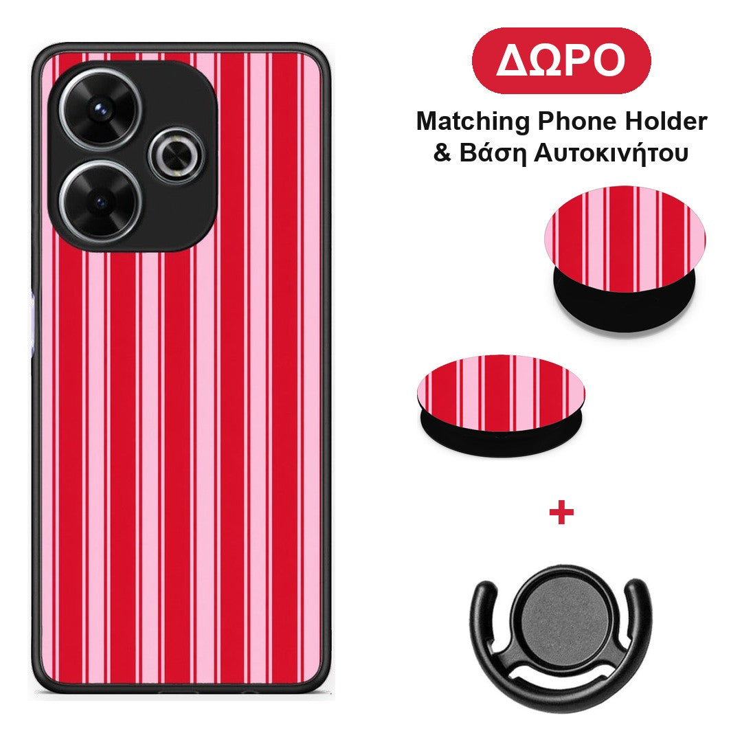 Red and Pink Vertical Pinstripes - Xiaomi Redmi 13 θήκη + Δώρο Phone Holder & Βάση Αυτοκινήτου
