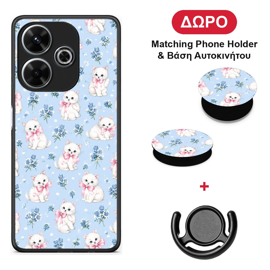 White Kittens and Blue Flowers Small - Xiaomi Redmi 13 θήκη + Δώρο Phone Holder & Βάση Αυτοκινήτου