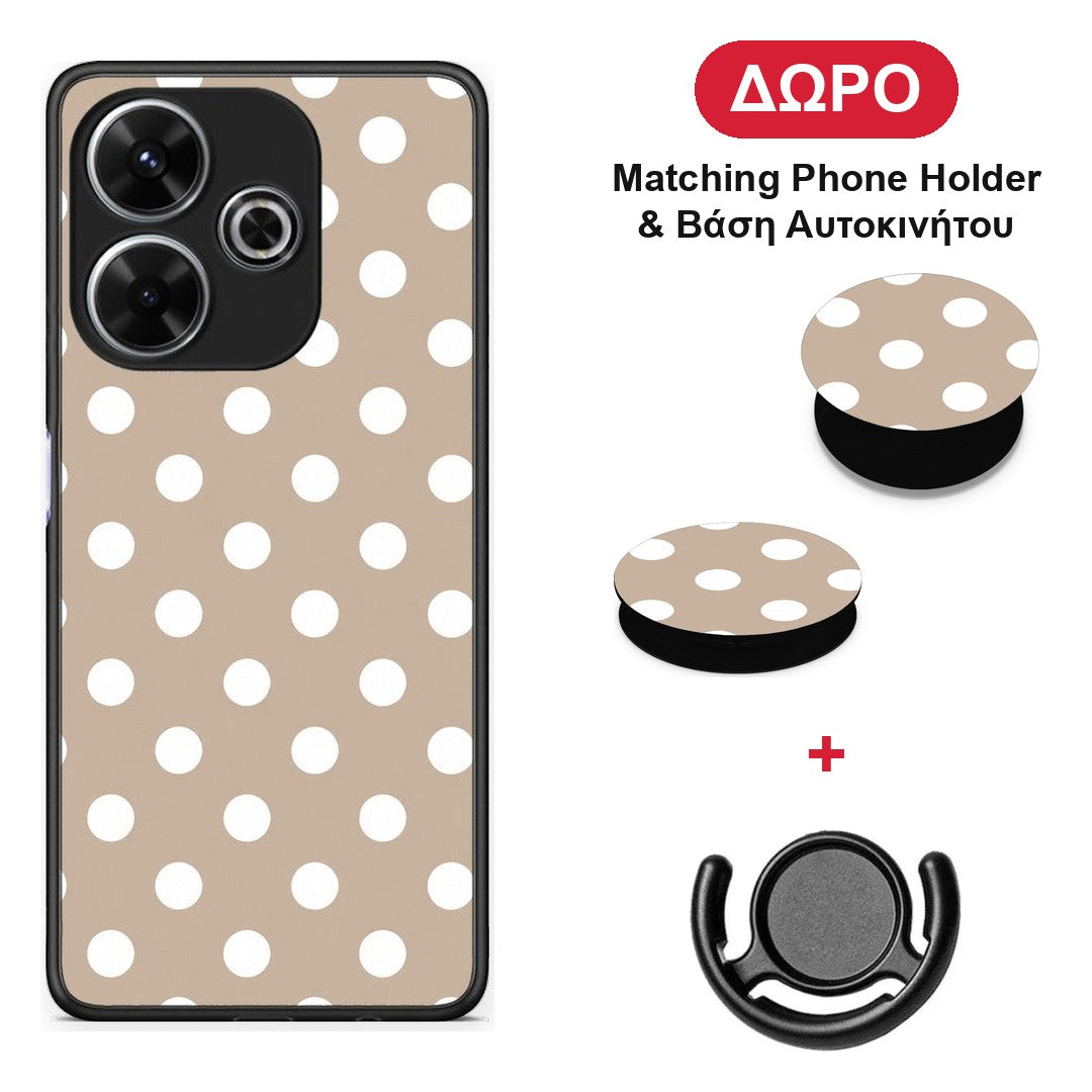 White Polka Dots on Taupe - Xiaomi Redmi 13 θήκη + Δώρο Phone Holder & Βάση Αυτοκινήτου