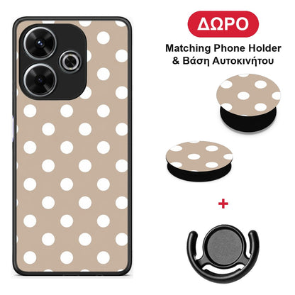 White Polka Dots on Taupe - Xiaomi Redmi 13 θήκη + Δώρο Phone Holder & Βάση Αυτοκινήτου